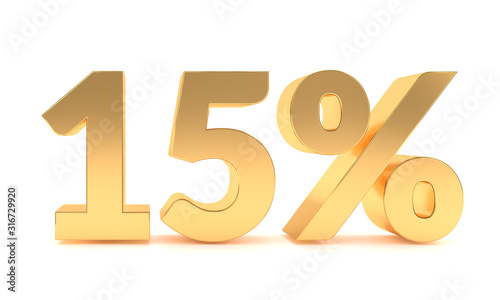 Golden 15 percent discount sale promotion. 15% off discount isolated on white background