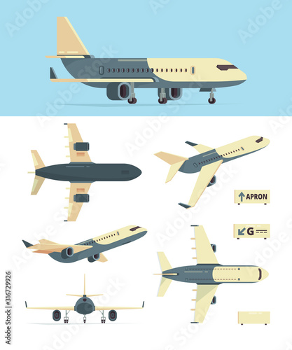 Civil aviation plane. Model of different airplanes views aircraft vector collection. Plane aviation, civil airplane, aircraft for passenger illustration