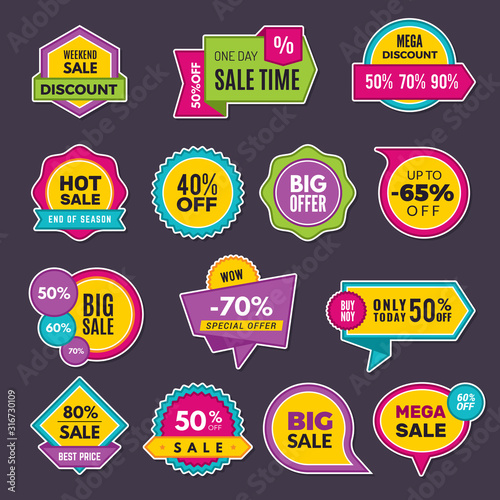 Promo stickers. Discount badges or labels price tags sales announce vector collection. Discount offer sticker, promo price announcement illustration