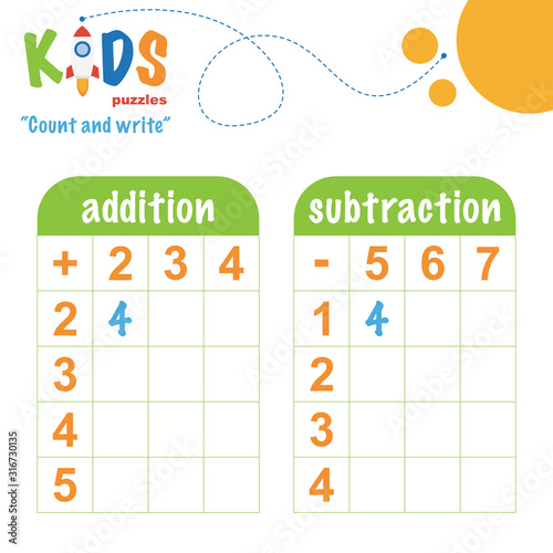 Easy colorful math count and write worksheet practice for preschool and elementary school kids.