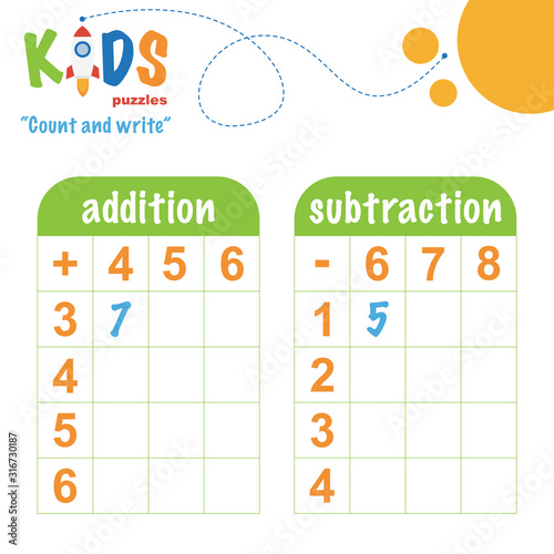 Easy colorful math count and write worksheet practice for preschool and elementary school kids.