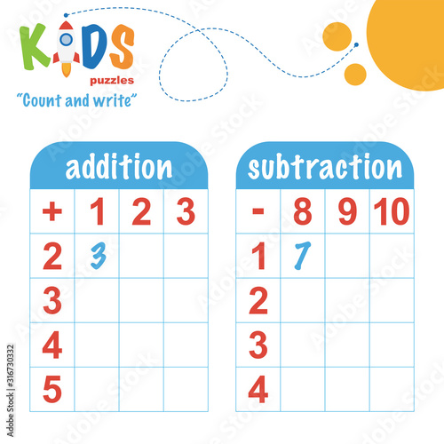 Easy colorful math count and write worksheet practice for preschool and elementary school kids.