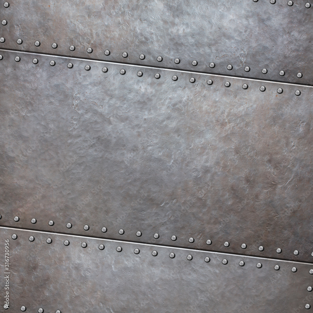 Steel rustic metal plate background with rivets 3d illustration