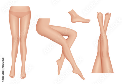 Legs realistic. Beauty woman legs body parts clean healthy vector set. Foots female parts body, lady attractive nude illustration