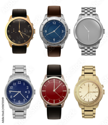 Wristwatches. Realistic luxury silver and golden men watches with modern steel bracelets fashion vector collection. Illustration clock with wristwatch, hand accessory