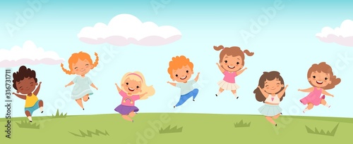Happy jumping kids. Funny children playing and jumping on meadow. Little people vector background. Friendship girl and boy, childhood joy group illustration