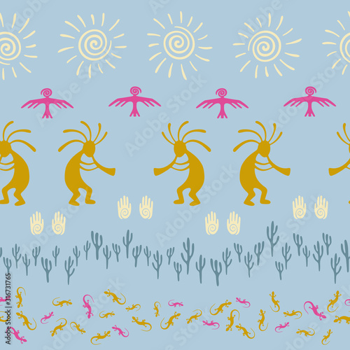 Folk, design with lizard, Kokopelli fertility deity, sun, eagle, cacti.