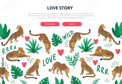 Banner with pattern with leopards and tropical flowers on the white background for Valentine's day. Good for sale, banner, social media, and others. Vector illustration.