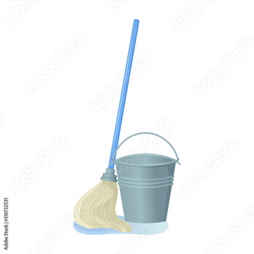 Cartoon swab with bucket stock vector illustration. Mop wipes a puddle. Cleaning services, household concept. Equipment for housework elements isolated on white background.