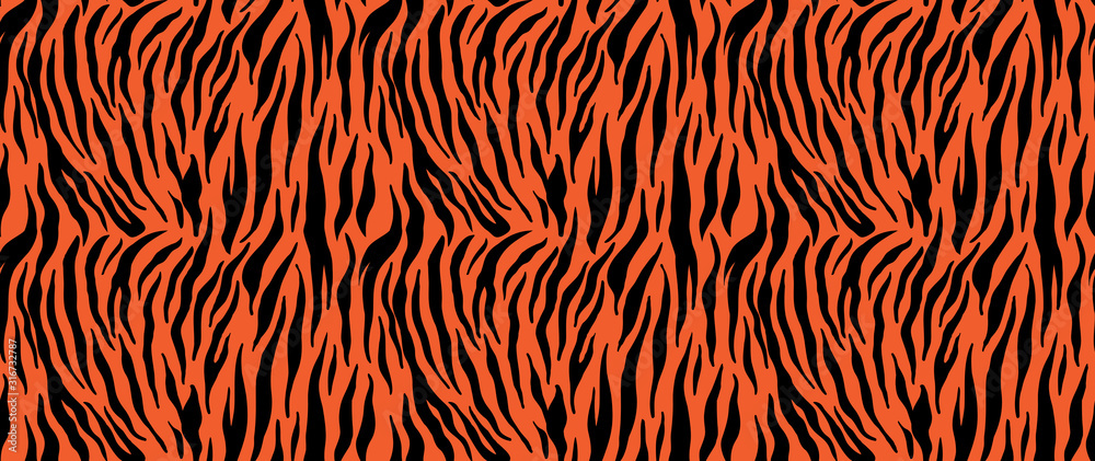 Tiger stripes seamless pattern, animal skin texture, abstract ornament for clothing, fashion safari wallpaper, textile, natural hand drawn ink illustration, black and orange camouflage, tropical cat - obrazy, fototapety, plakaty 