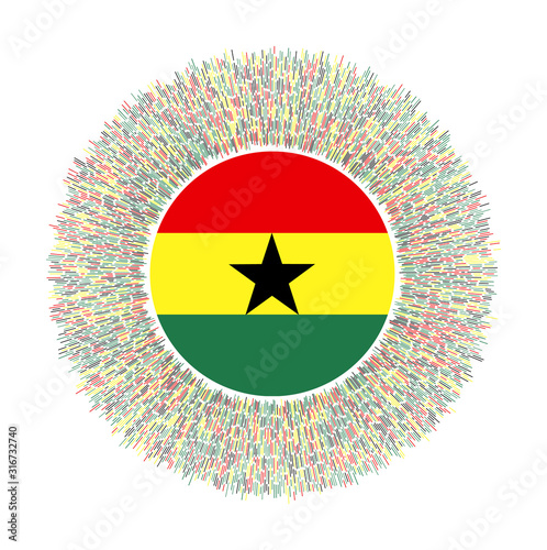 Flag of Ghana with colorful rays. Radiant country sign. Shiny sunburst with Ghana flag. Modern vector illustration.