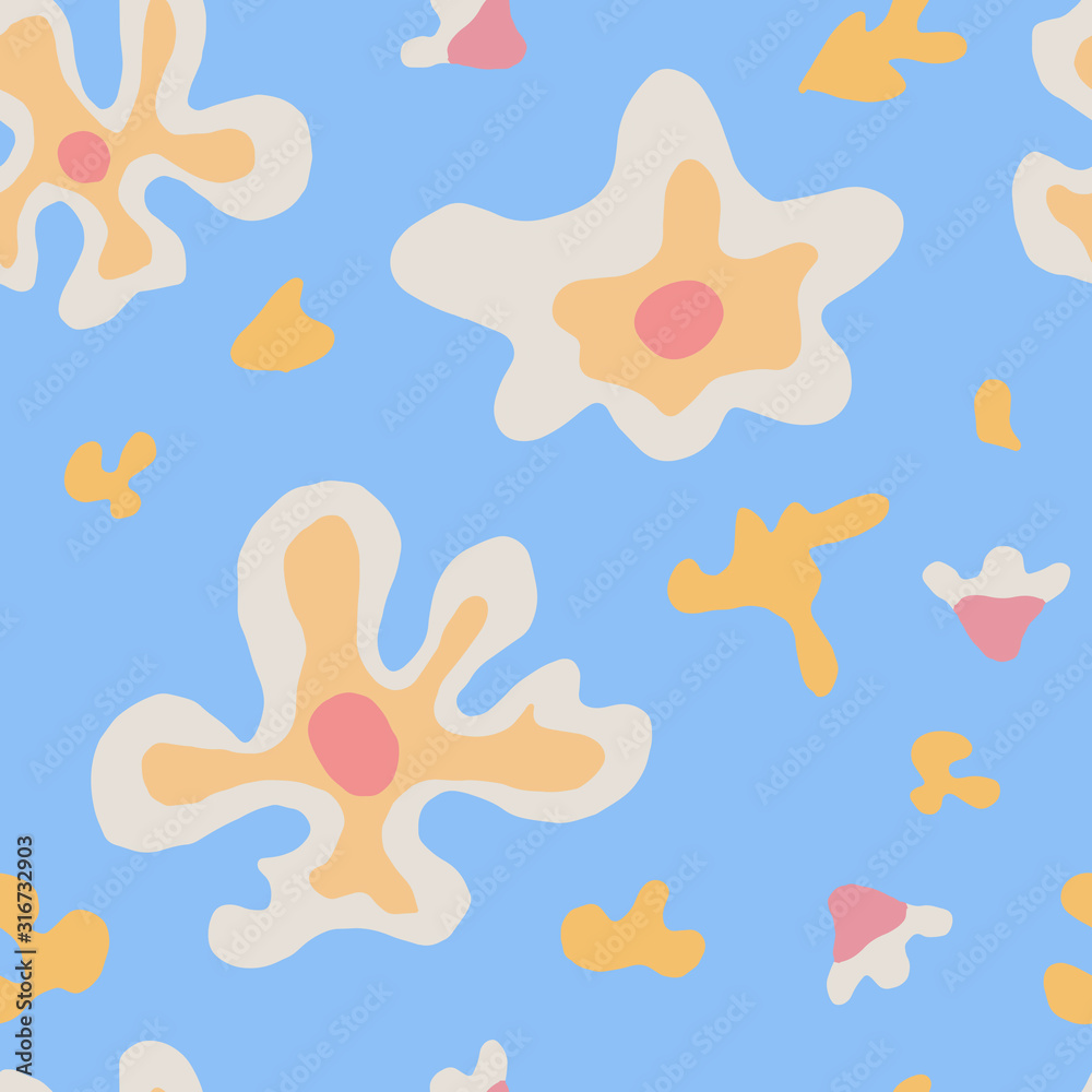 Seamless pattern endless texture with flowers abstraction blue background