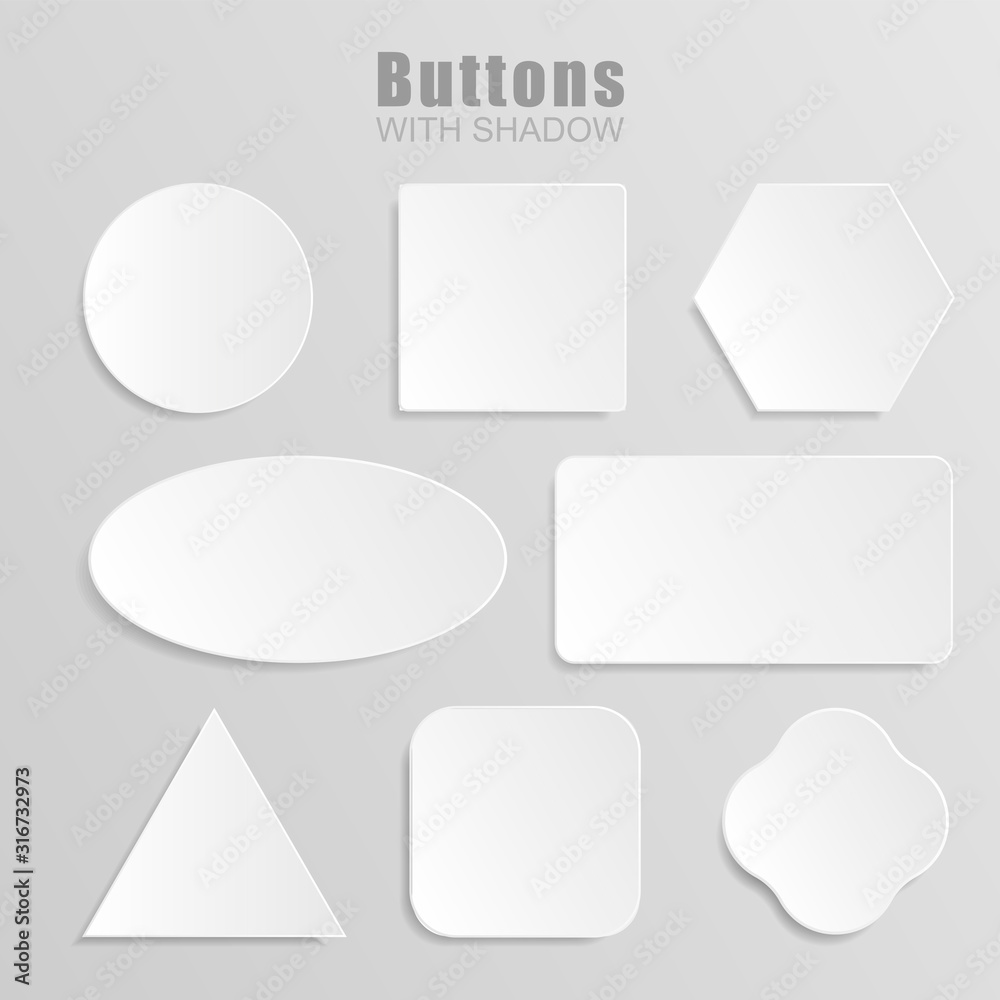 White 3d blank square and rounded button vector set. Button banner round, badge interface for application illustration. White 3d blank square and rounded button vector set. Button banner round, badge interface for application illustration.