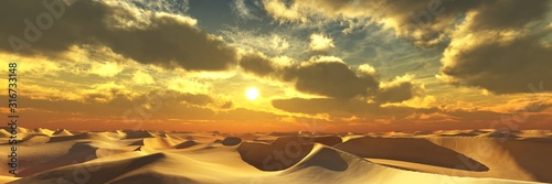 Sand desert at sunset, desert sunset, sand under the setting sun, sun and clouds over the desert, 3D rendering © ustas