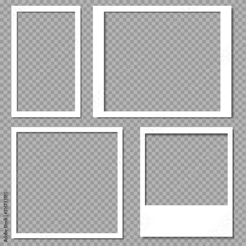 Photo frames with realistic drop shadow vector effect isolated. Image borders with 3d shadows. Empty photo frame template gallery illustration.