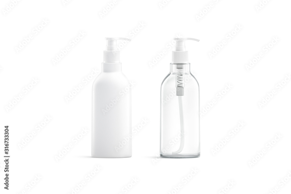 Blank white and transparent plastic pump bottle mockup, isolated - obrazy, fototapety, plakaty 
