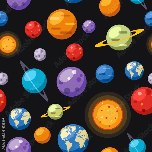Seamless pattern wth solar system planets on black background. Sun and planetary vector illustration