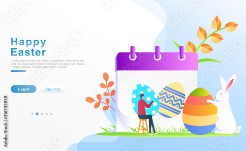 Vector illustration happy easter. man sitting in the garden next to a calendar illustrated with easter ornamental egg, a rabbit carrying a paint egg, set of flower. or header, web. Fllat cartoon style