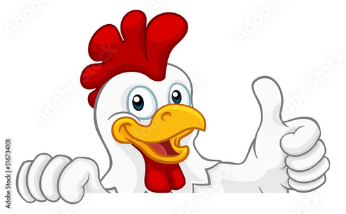 A chicken rooster cockerel bird cartoon character peeking over a sign and giving a thumbs up