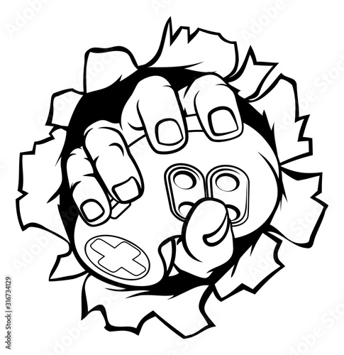 An illustration of gamer hand holding a video game controller breaking wall or background
