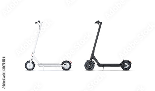 Blank black and white electric scooter mockup set, isolated