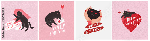 Cute cats in love. Romantic Valentines Day greeting card or poster. Cat give heart, kitten in hands, with love envelope, hero cat with rose. Flyers, invitation, brochure. Vector design concept