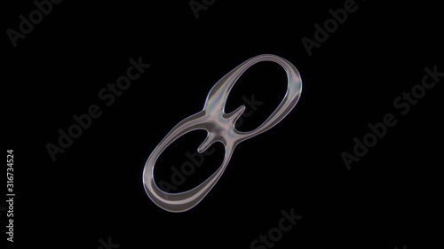 3D rendering of distorted transparent soap bubble in shape of symbol of link isolated on black background
