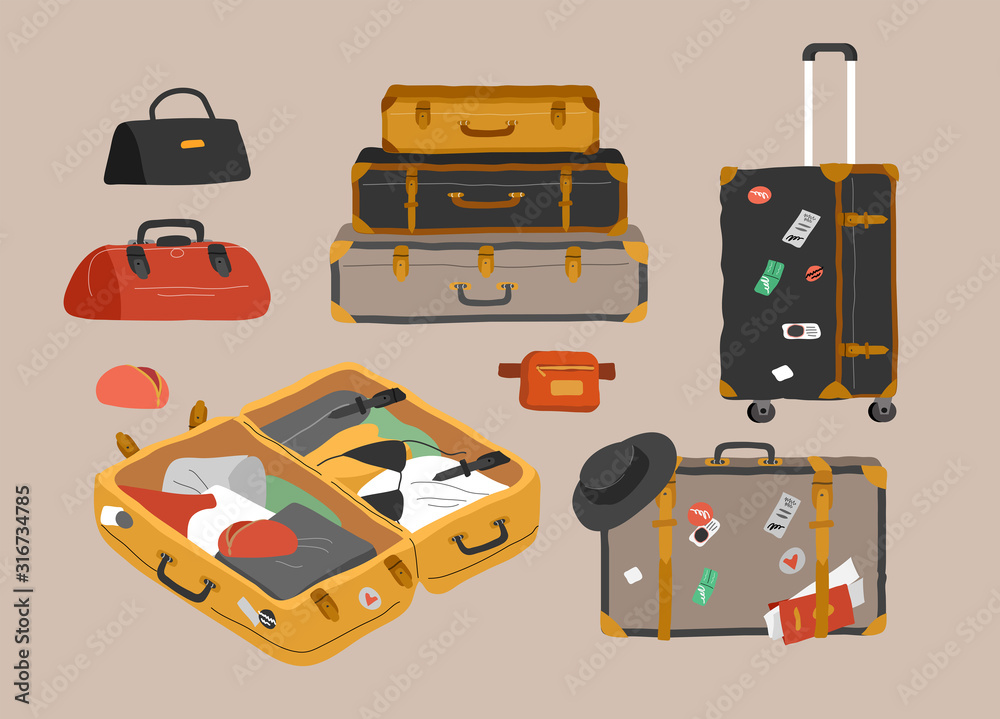 Set of various vintage, retro luggage bags, open suitcase with packed travel  stuff, case, clutch and clothes. Hand drawn trendy colorful isolated design  elements. Cartoon vector Stock Vector | Adobe Stock
