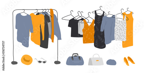 Set of wardrobe stuff. Closet wardrobe furniture inside. Various bag, shoes and trendy clother. Interior things. Hand drawn isolated elements. Cartoon