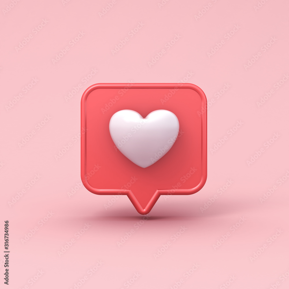 3d realistic love like heart social media notification icon on pink ...