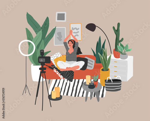 Young woman meditates, sitting in scandinavian home interior and creating content for blog or live broadcasting. Teaching yoga through internet. Blogging or vlogging. Cartoon