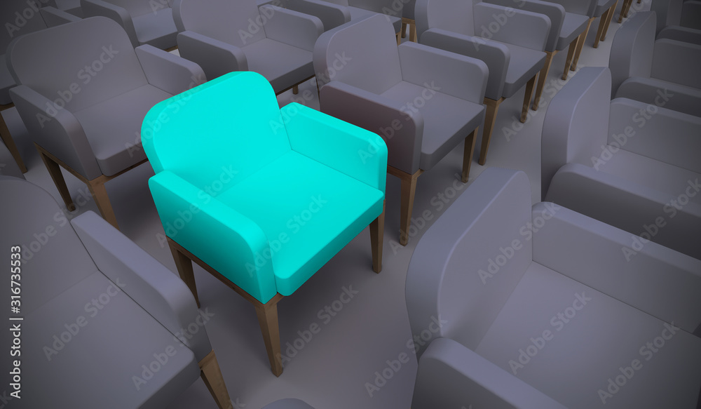 Concept or conceptual blue armchair standing out in a  conference room as a metaphor for leadership, vision and strategy. A  3d illustration of individuality, creativity and achievement - obrazy, fototapety, plakaty 