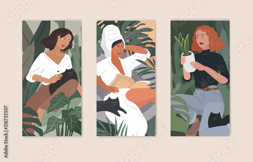 Feminine concept flyers. Happy cute girls resting with cat and home plants. Feminine Daily life by young woman concept. Fashion illustration by female beauty and mental