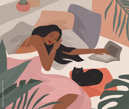 Cute girl sleeping in bed after she read book. Feminine style. Daily life by young woman in bedroom interior with homeplants. Cartoon vector