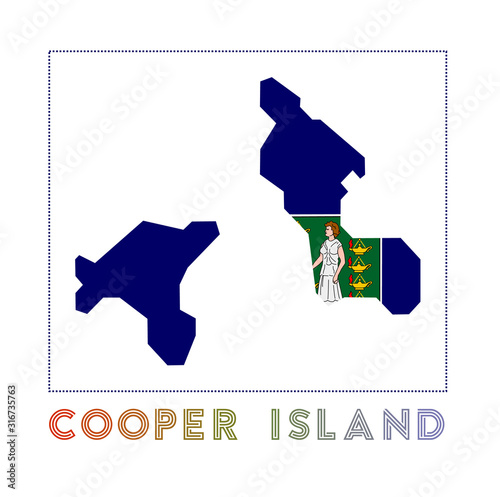 Cooper Island Logo. Map of Cooper Island with island name and flag. Radiant vector illustration.