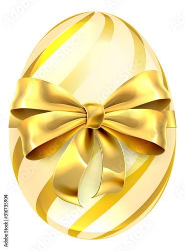 A very posh looking gold Easter egg with a bow and ribbon design