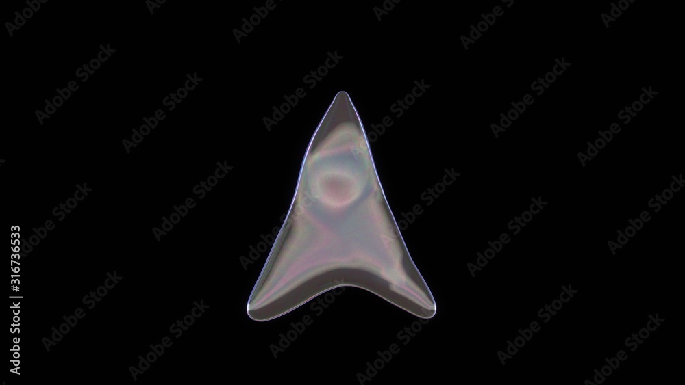 Fototapeta premium 3D rendering of distorted transparent soap bubble in shape of symbol of navigation isolated on black background
