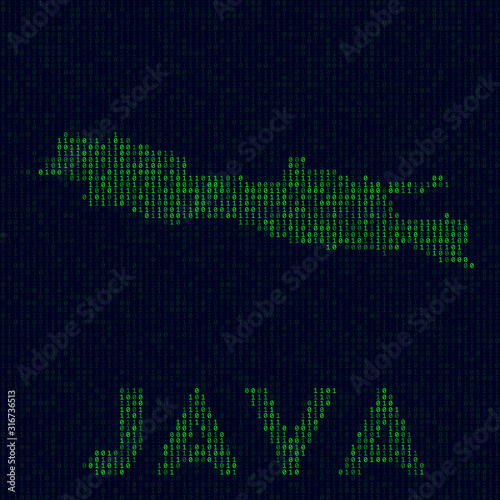 Digital Java logo. Island symbol in hacker style. Binary code map of Java with island name. Vibrant vector illustration.