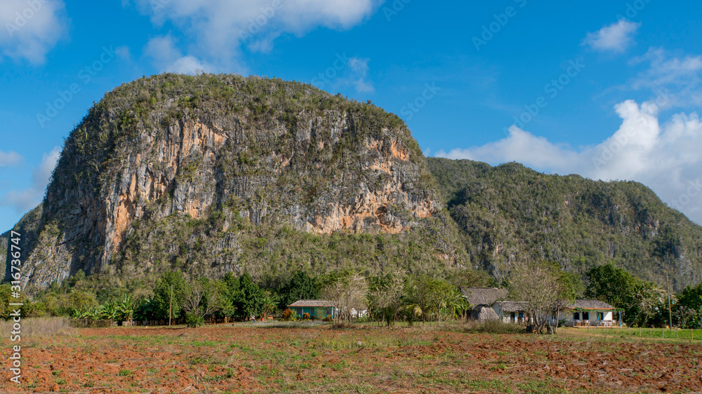 vinales countryside landscape with a big mountain, a farm and a meadow, cuba