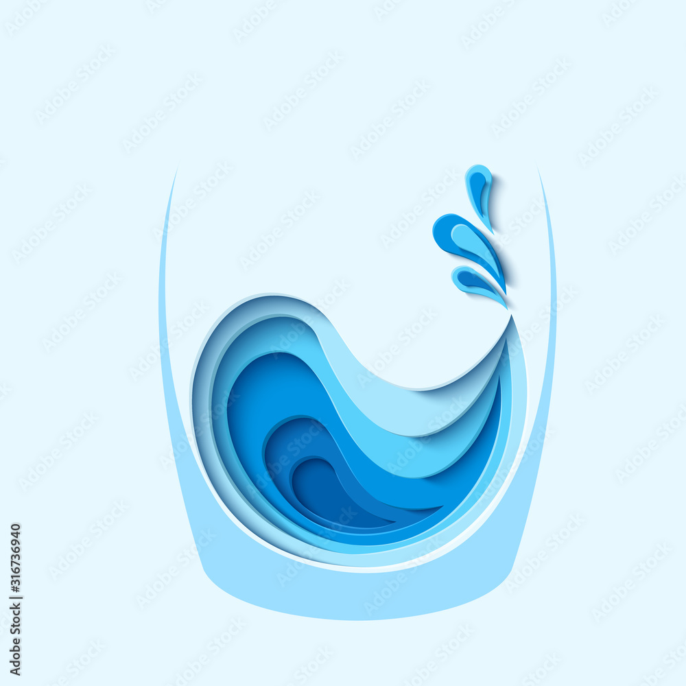Water splash with waterdrops in glass in paper cut style Water splash with waterdrops in glass in paper cut style