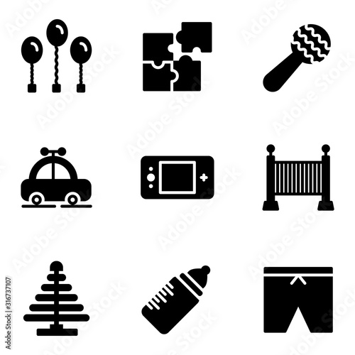 Child and Toy icon set include balloon, birthday, party, decoration, puzzle, game, toys, kids, rattle, baby, childhood, car, transportation, game boy, console, bed, born, sleeping, blocks, ring