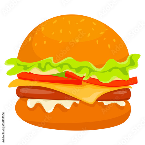 Big tasty hamburger with cheese, tomato and beef