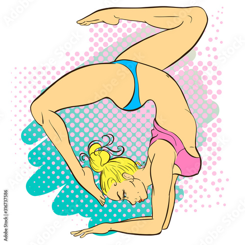 Vector illustration of woman doing yoga exercise. Hand drawn vector sketch of pretty girl standing on her hands in upturned yoga balance pose. 
