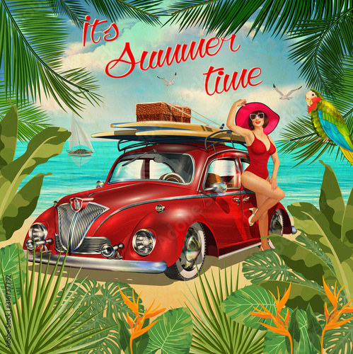 Naklejka Vintage poster with retro car and beautiful girl on beach.