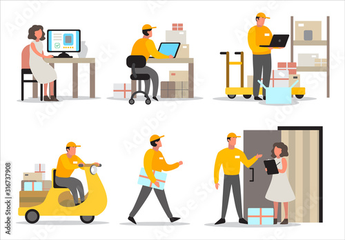 Delivery service concept. Set of delivery man on his way