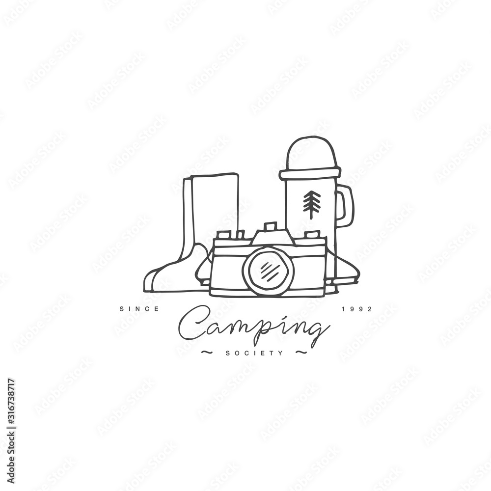 Vector set of liear camping and hiking icons or logos . Traveling emblem or round badge with traveling staff. Design for t-shirt and print. Vector set of liear camping and hiking icons or logos . Traveling emblem or round badge with traveling staff. Design for t-shirt and print.