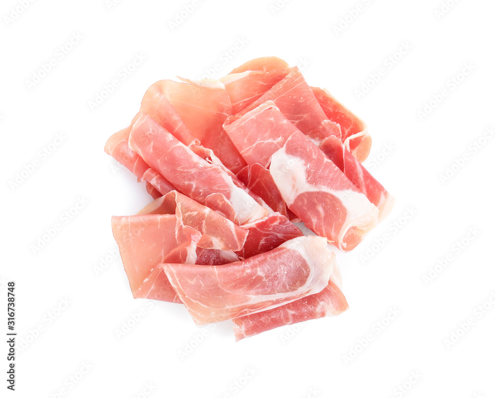 Slices of tasty prosciutto on white background, top view Slices of tasty prosciutto on white background, top view