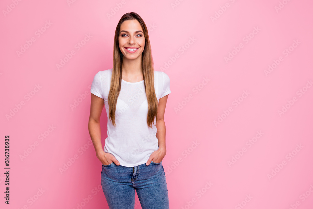 Portrait of modern cute girl have spring weekends with friends put pocket denim jeans wear casual style outfit isolated over pink color background Portrait of modern cute girl have spring weekends with friends put pocket denim jeans wear casual style outfit isolated over pink color background