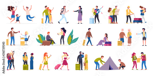 Vector illustration set of tourist with laggage and handbag.