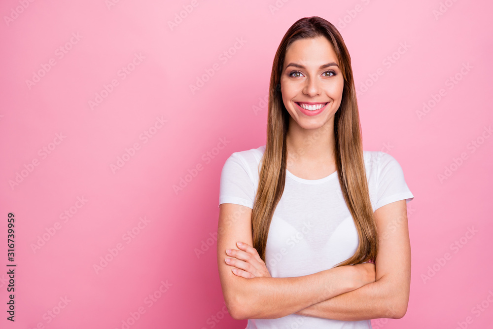 Portrait of positive cheerful girl real professional cross her hands feel satisfied emotions wear good looking clothes isolated over pink color background Portrait of positive cheerful girl real professional cross her hands feel satisfied emotions wear good looking clothes isolated over pink color background
